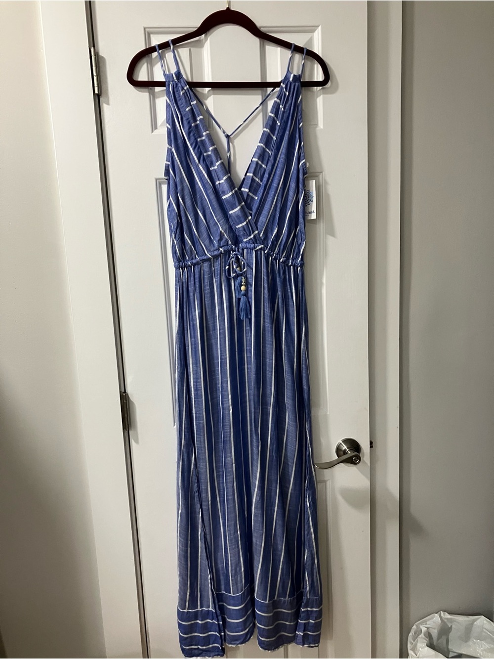 blue island beach Blue and White Striped Maxi Dress with Tie Front